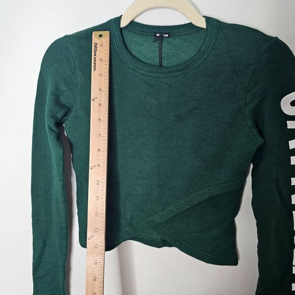 NWOT Monrow Green Faux Wrap Long Sleeve JAYNE.LA Graphic Crop Sweater Small - Picture 5 of 7